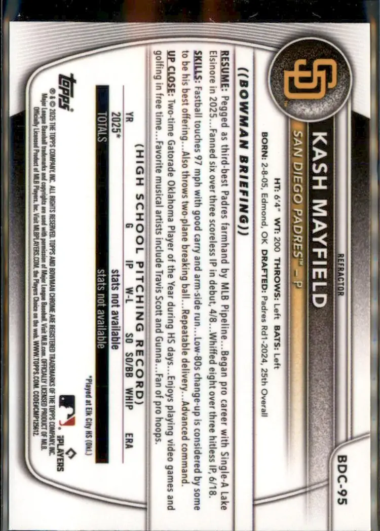 2025 Bowman Draft #BDC-95 Kash Mayfield Chrome Refractor - (138) - San Diego Padres