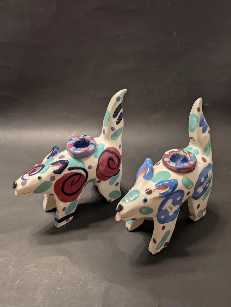 Whimsical Folk Art hand made pottery dog candlestick pair