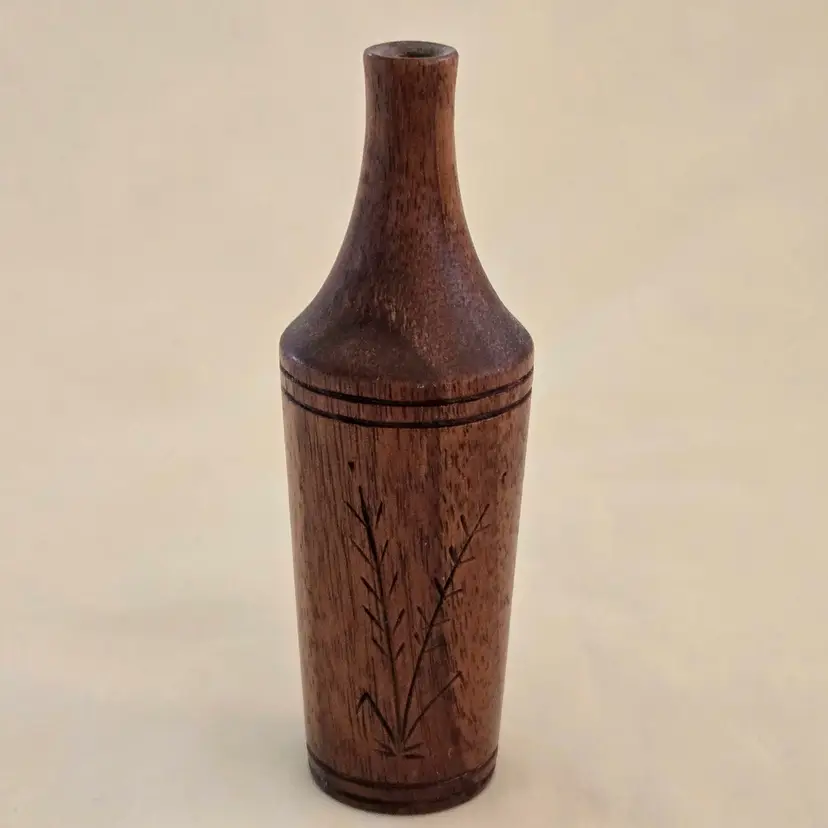 Studio Art Vase Handcarved Wood 4" Tall Thin Initialed Unbranded with Carvings Vintage