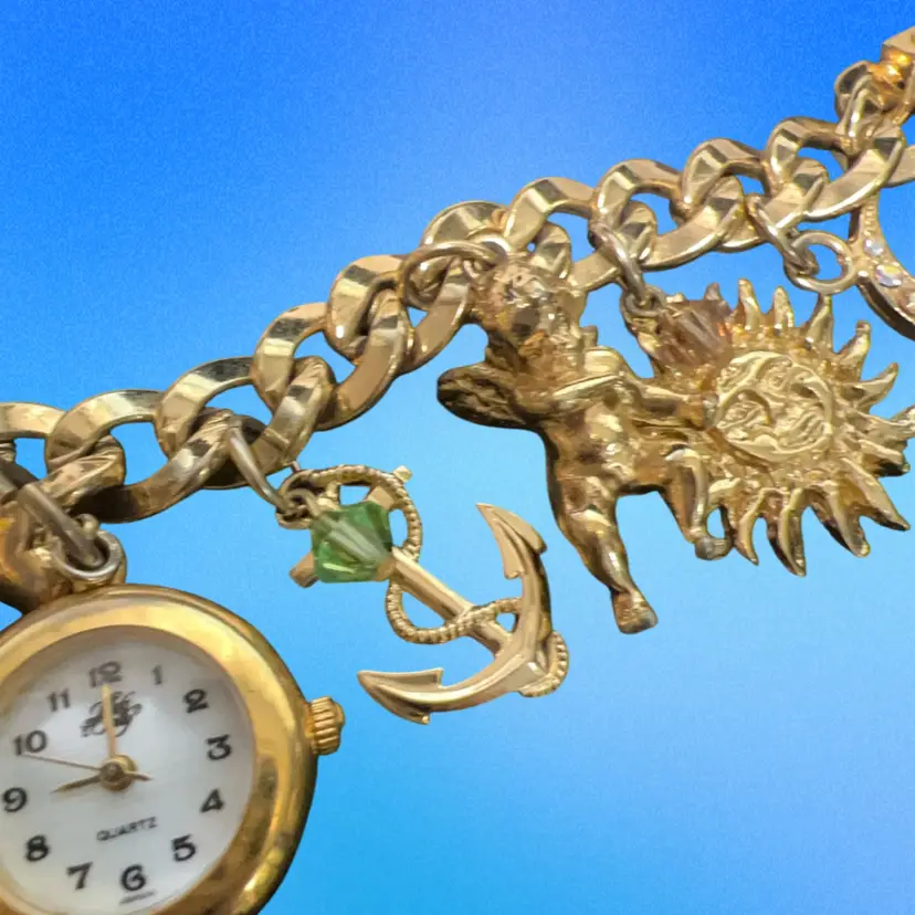 Vintage Kirks Folly Charm/Watch Bracelet w/ Cherubs, Hearts, Moon, Stars, Sun, Anchor Fold Over Clasp, 1980’s