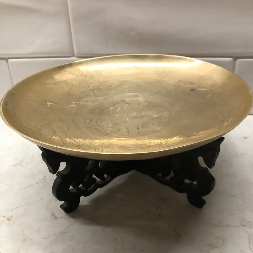 Chinese Brass Bowl With Wood Stand