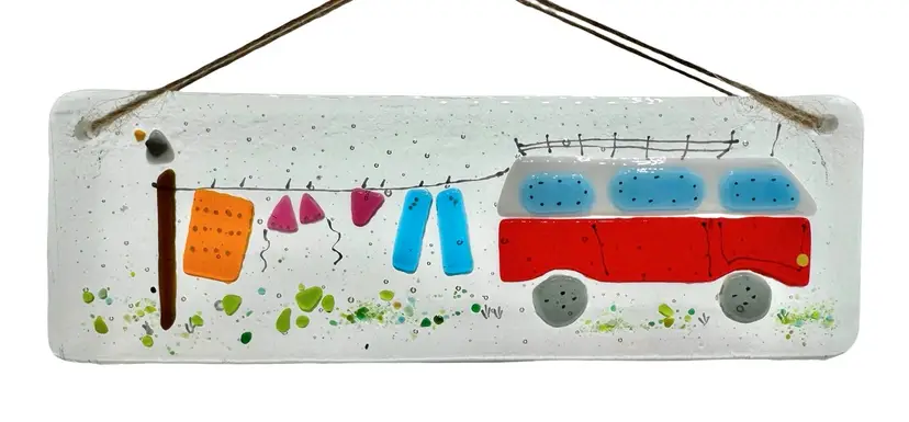 Studio Art Fused Glass Suncatcher Wall Hanging Camper Caravan Clothesline 7.75”