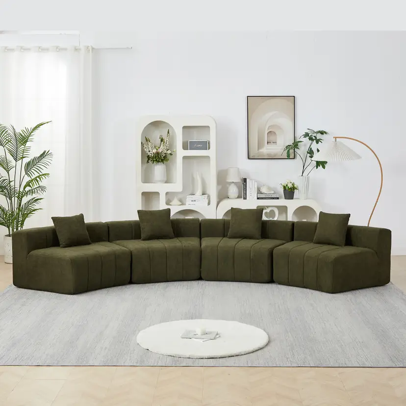Chenille Curved Sectional Sofa With 4 Pillows,Curved Symmetrical Modular Semi Circular Sofa Sectional For Bedroom