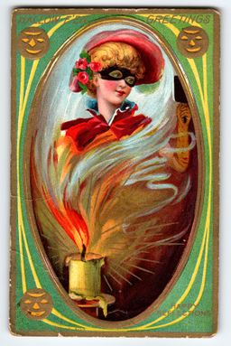 Vintage 1910 Halloween Greetings Divided Back Postcard Masked Lady Embossed