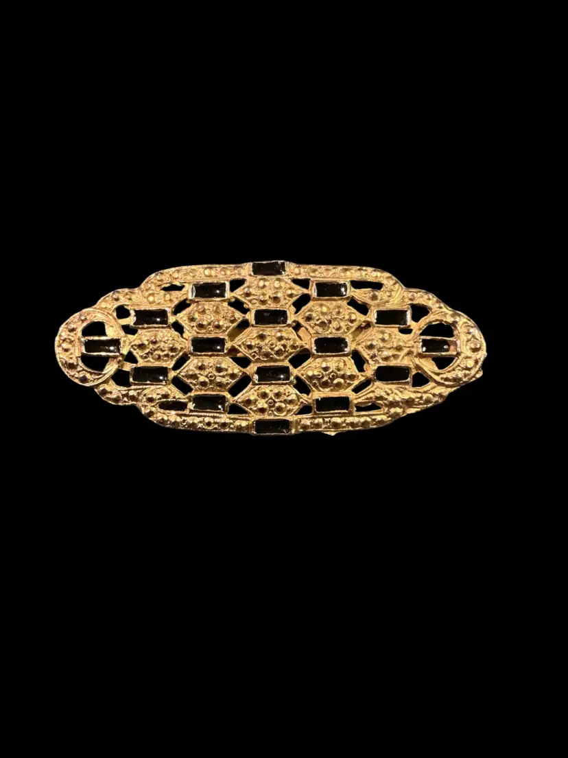 Vintage Art Deco Heavy Black Enamel Openwork Bar Brooch – Unsigned Mid-Century