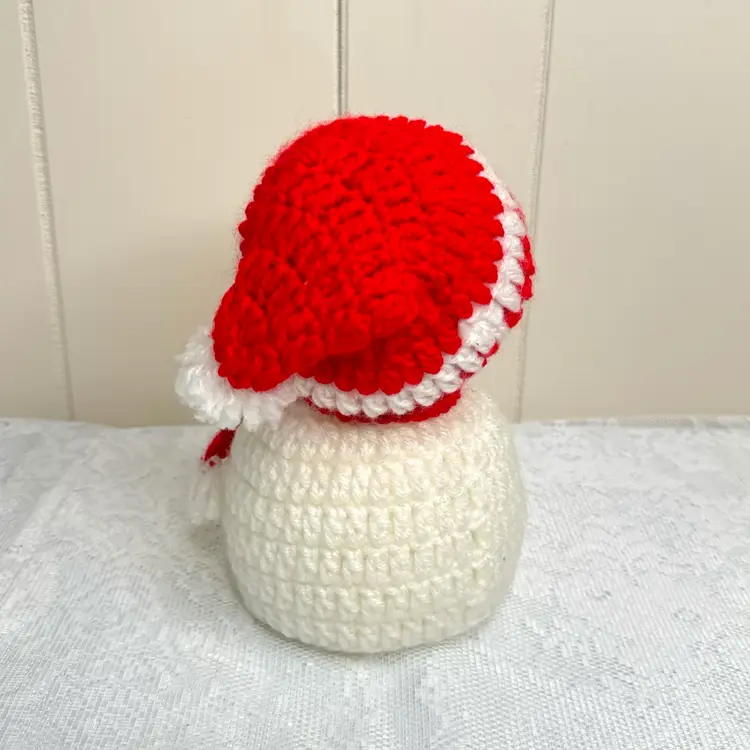 Vintage Hand Made Crochet Snowman With Red Hat And Scarf Styrofoam Body
