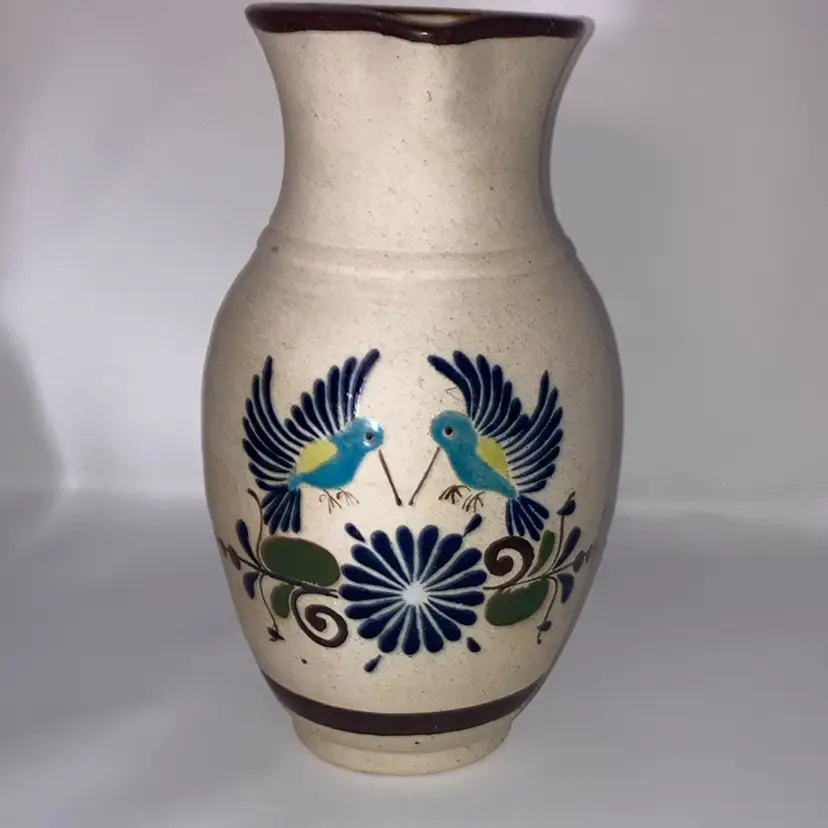 Vintage Tonala Pottery Pitcher! Handpainted Floral and Birds! 10” Tall!