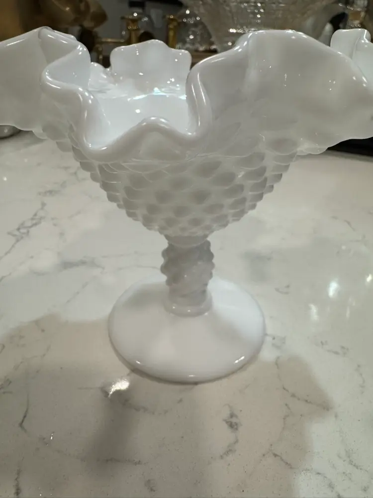 Fenton Hobnail White Milk Glass Ruffled Compote Dish