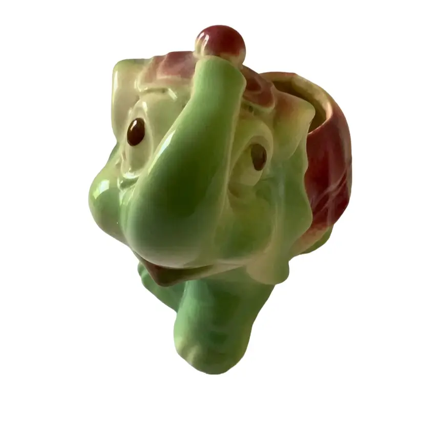 Vintage Gorgeous Ceramic Pottery Raised Trunk Elephant Shaped Planter With Dark Pink Covering And Hat Derpy Smiling Cute