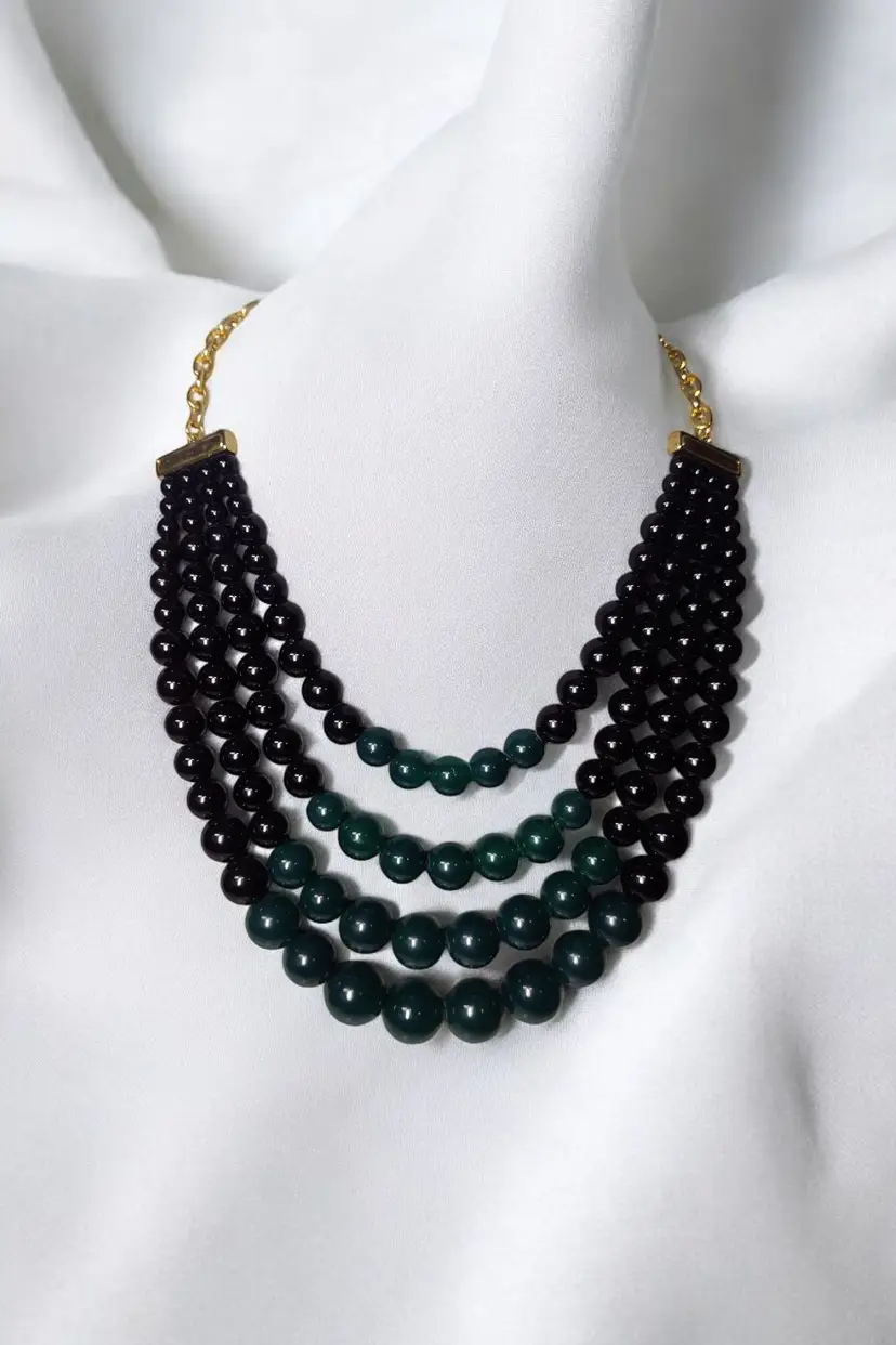 Vintage Liz Claiborne Beaded Multiple Strand Necklace Green Black Statement