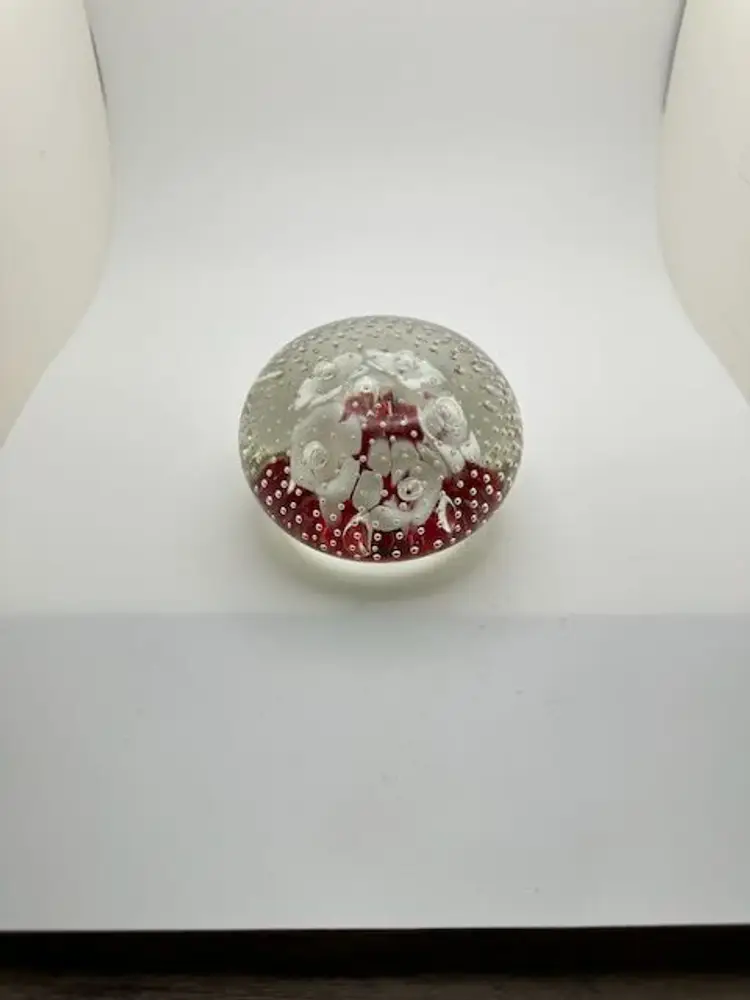Vintage Art Glass Paperweight – Red & White Floral Bubble Design Handblown