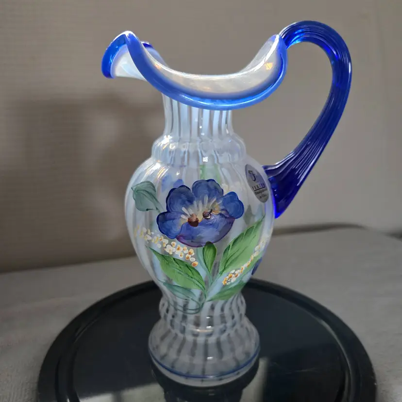 Fenton Art Glass Pitcher with Cobalt Edge