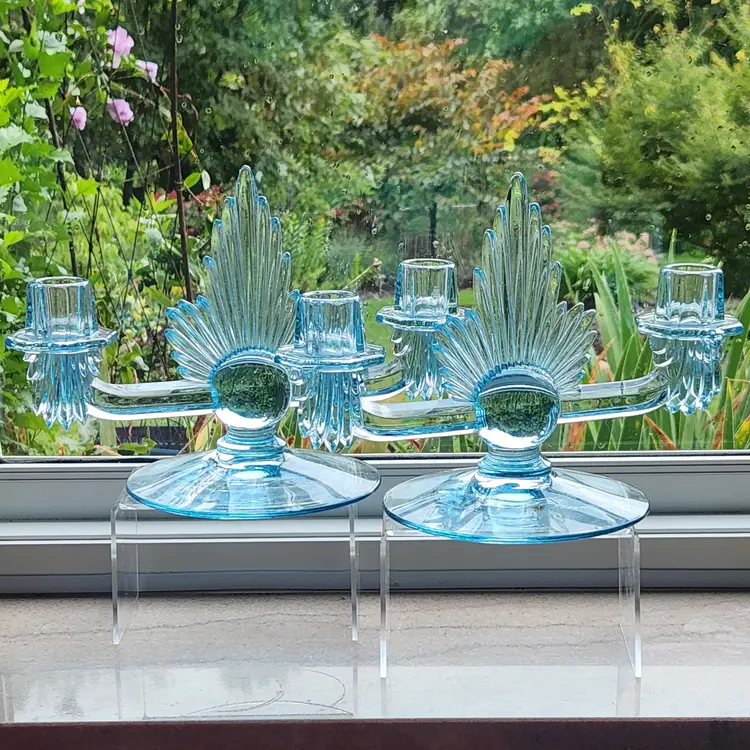 RARE Fostoria Glass Flame Duo Candlesticks Azure Blue Candle Holder Pair Art Deco - USA