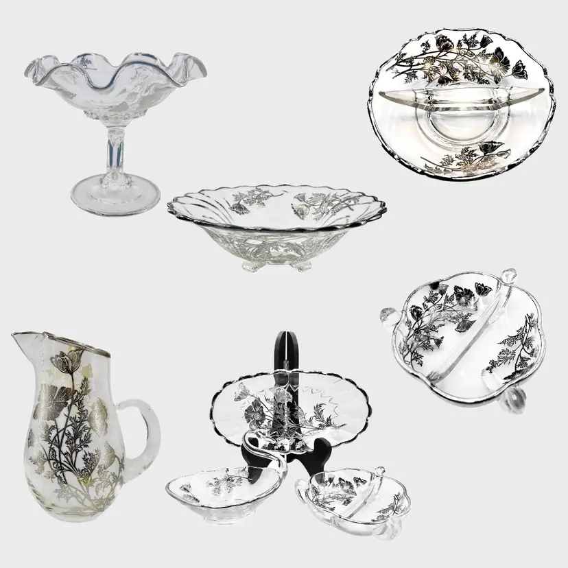 Vintage Silver City Serveware Collection Silver Overlay Glass
By Cambridge Glass 1940s
Flanders Poppies Pattern 
Multiple Pieces Sold Individually