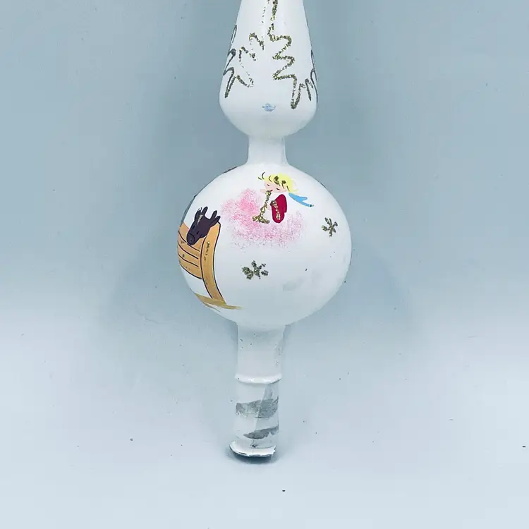 Vintage Hand-Painted Mercury Glass Christmas Tree Topper Nativity Scene, White and Gold Glitter Mid Century Holiday Decor