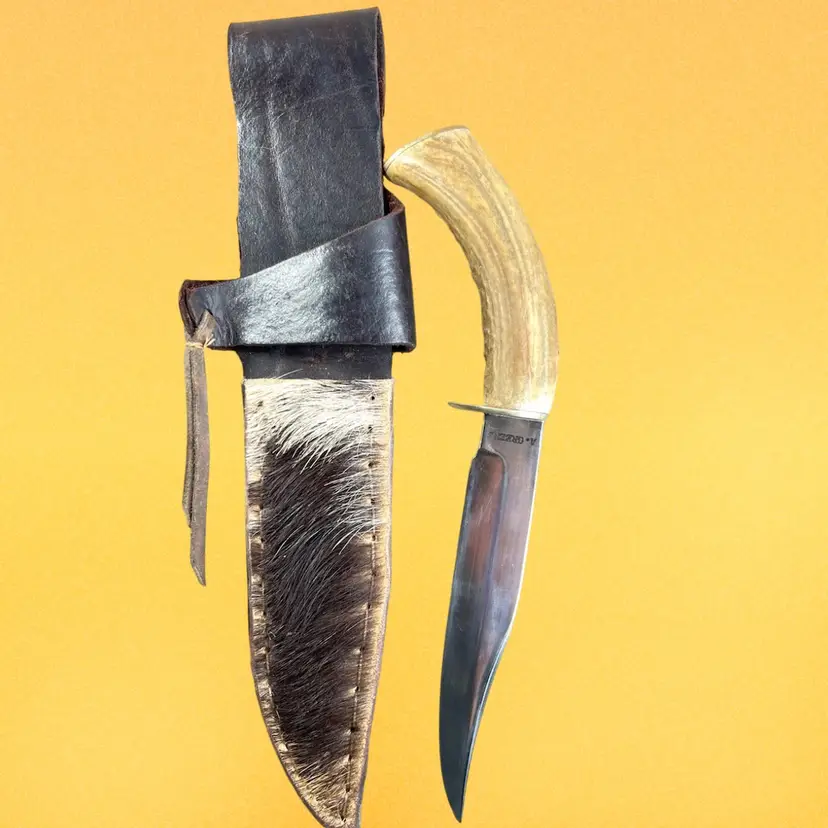 Cowboy Stag Handle Knife With Hog Hide Sheath. Stamped A. Greene. 10-1/2" overall. 6-1/4" blade.
 🇺🇸USA Shipping Only. Great For Man Cave, Hunting, Father’s Day!