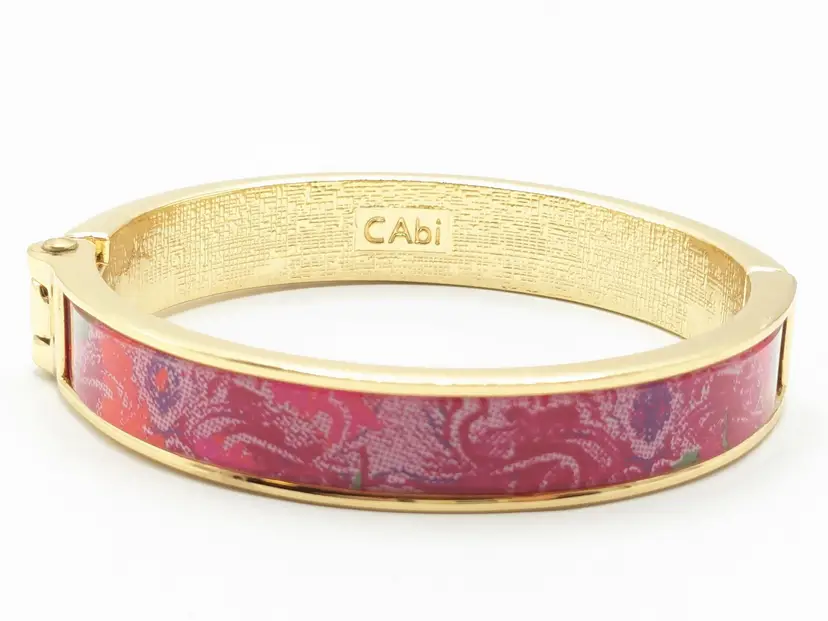 Cabi "Jubilee" Pink Purple Floral Hinged Clamper Bangle Bracelet Gold Tone