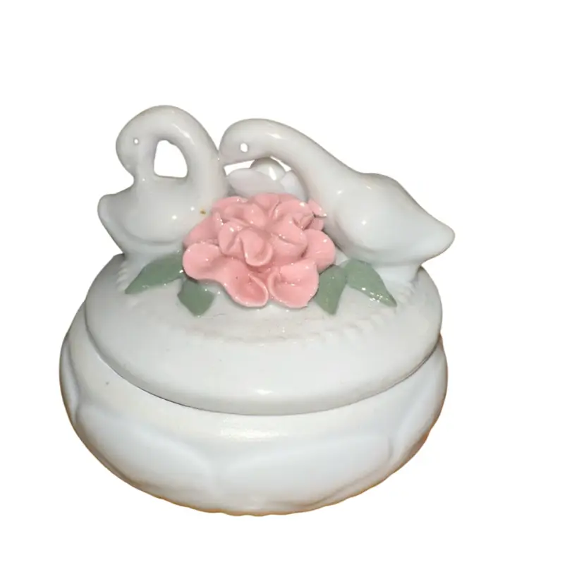 Vintage Round Two Ducks/Swans White Floral Porcelain Trinket or Ring Dish