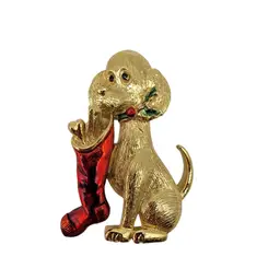 Vintage Gerrys Gold Tone Christmas Stocking Puppy Dog Brooch