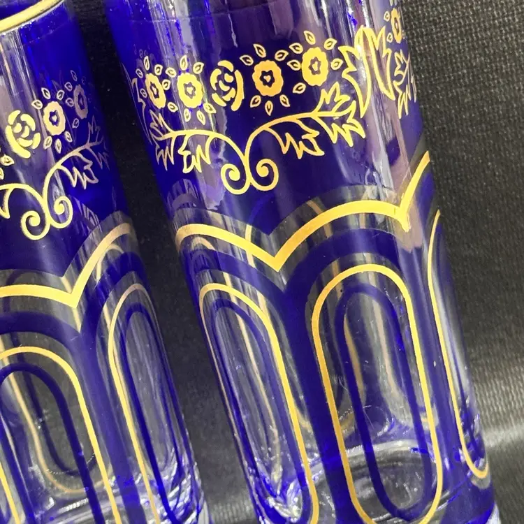 Vintage Moroccan Bohemian Cobalt Blue Gold Paneled Tumbler Glass Set Of 2