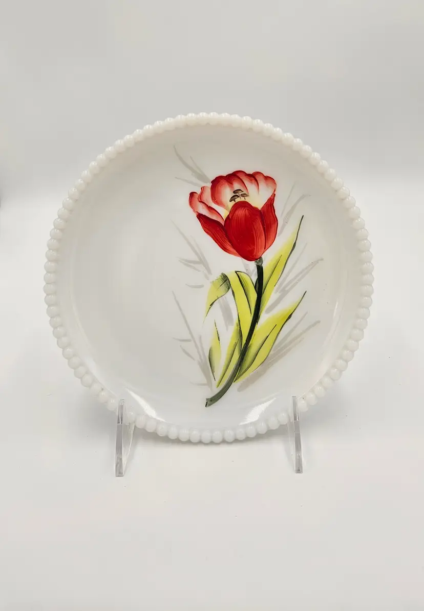 #C88 Westmoreland Beaded Rim Milk Glass Hand Painted Tulip Plate