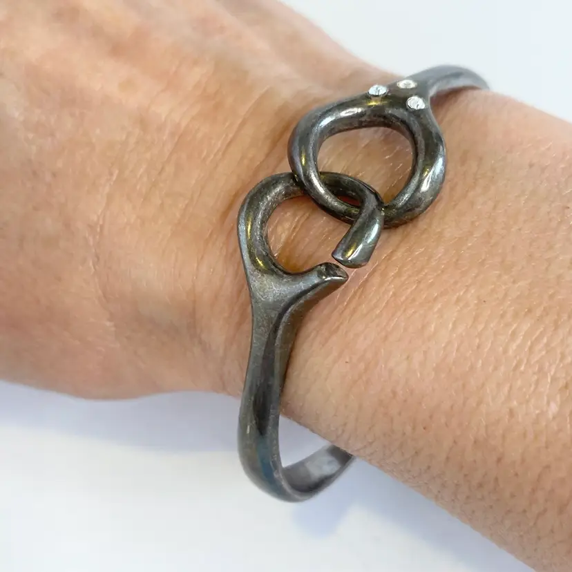 Vintage Modernist Artisan Brutalist Silver Tone Clear Stone Puzzle COOL Bracelet