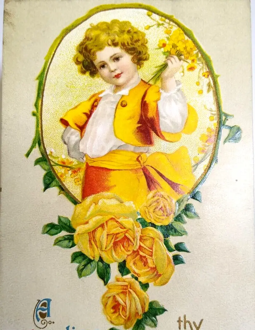 Valentine Postcard Victorian Child Yellow Roses Vintage Embossed Germany Unused