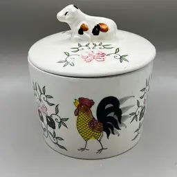 Ceramic Butter Or Cheese Crock Canister With Rooster And Cow Lid 5” Japan
