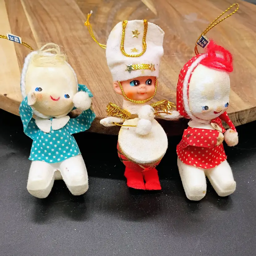 Vintage Japan Christmas Snowbaby/ Pixies Drummer Boy Ornaments Set of 3