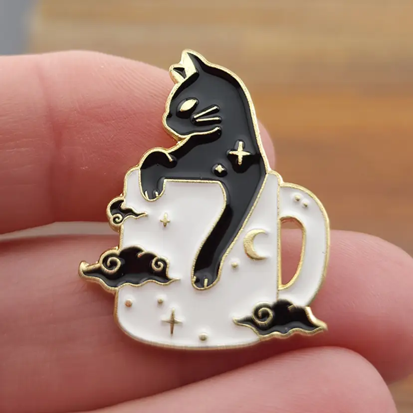 Cat Pin, black cat in a mug #BC158