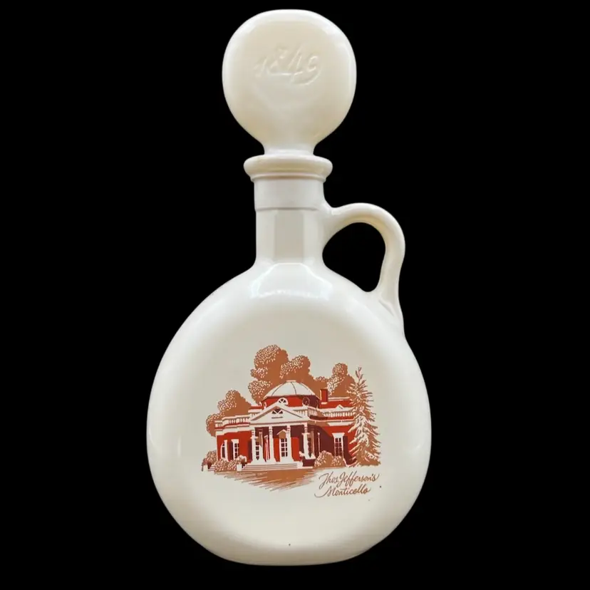 #218A Vintage Milk Glass Old Fitzgerald 1849 "Thomas Jefferson Monticello" Flagship Decanter For Kentucky Straight Bourbon Whisky Manufactured By Stitzel-Weller Distillery. Empty