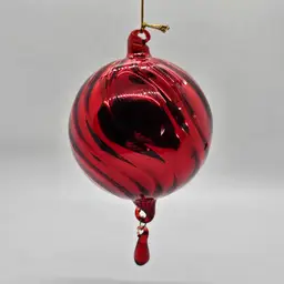 Red Ribbed Hand-Blown Glass Christmas Ornament Ball 3” Drop Dangle Holiday