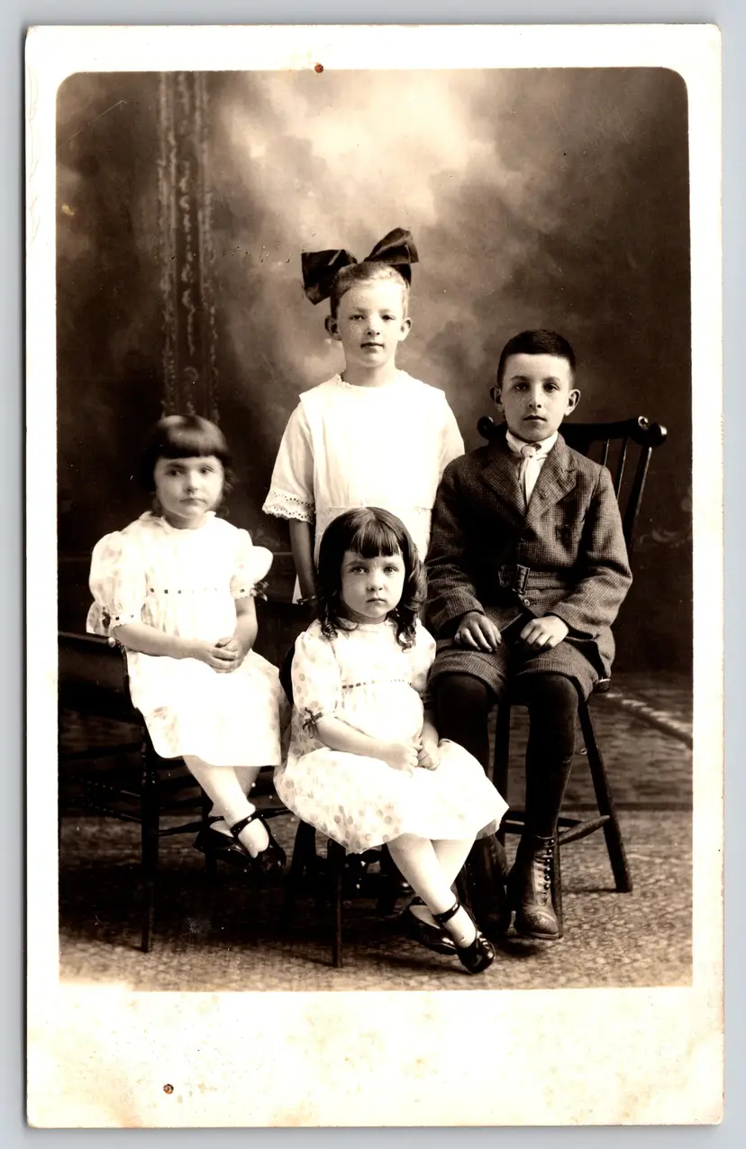 Postcard RPPC Brother and Three Sisters Real Photo Children Siblings Hair Bow - 9180