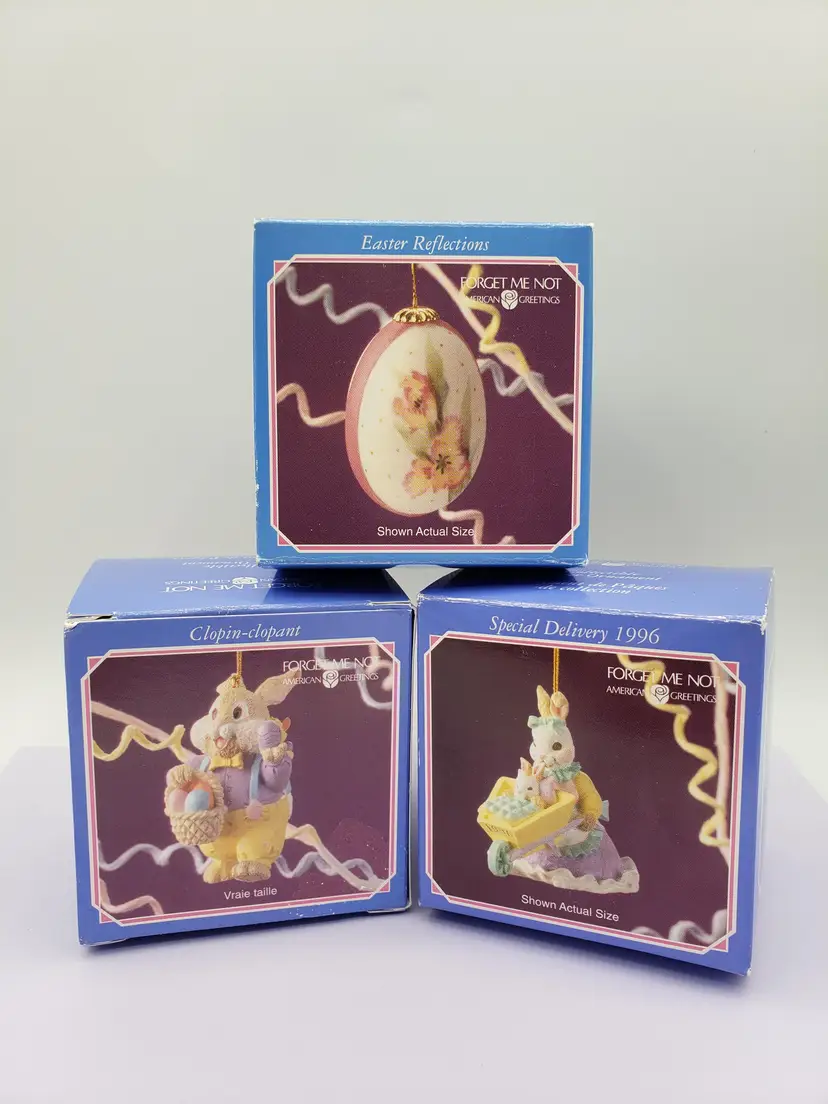 Vintage Easter Tree Ornaments Forget Me Not 1990's American Greetings Set of 4. "Easter Reflection" Two "Hippity Hoppity" rabbits. "Special Delivery 1996"