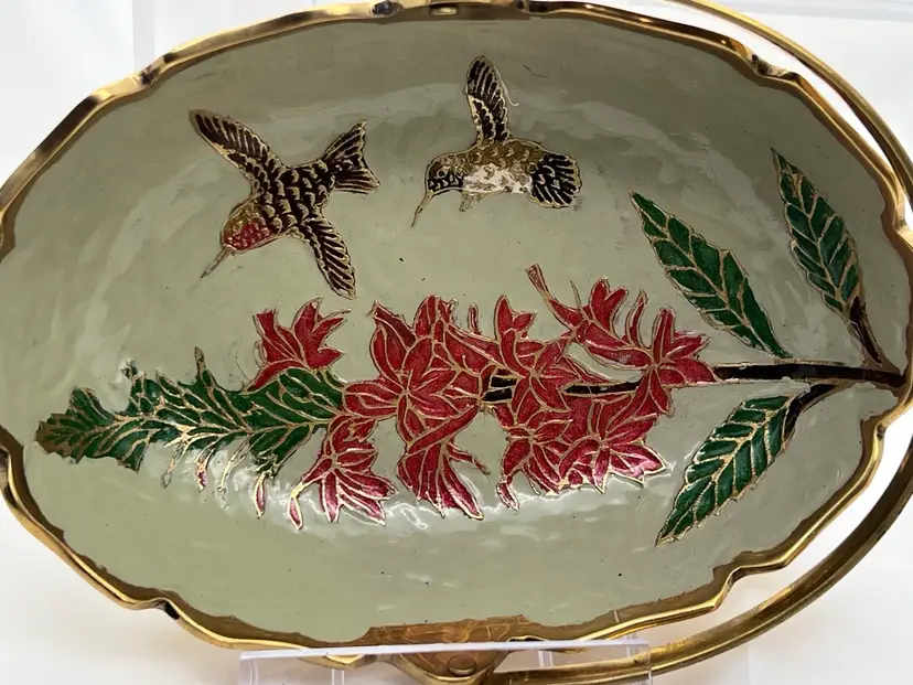 Vintage Solid Brass Trinket Dish with Handle Decorated with Enameled Cloisonne Flowers and Hummingbirds