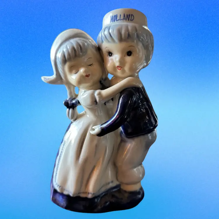 Vintage Delft Blue Color Holland Handpainted Porcelain Boy Girl Figurine 7.25"