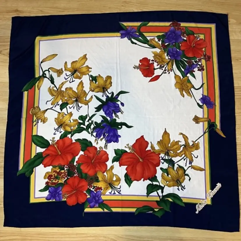 Vintage Large Square Scarf Aloha Hawaii Floral Hibiscus Vibrant Navy Red Yellow Purple