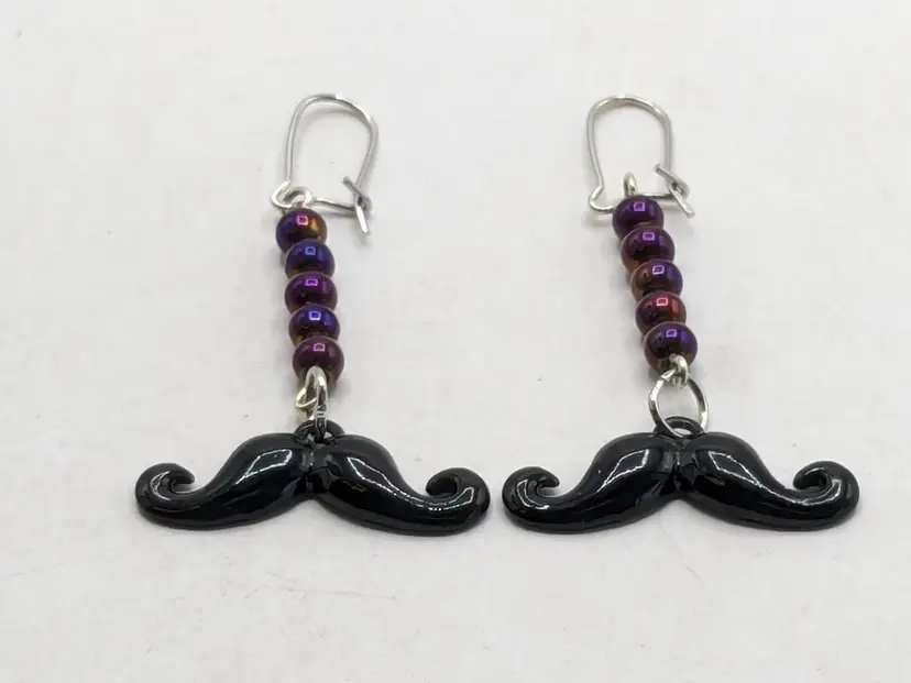 Quirky Mustache with Purple Beads Pierced Drop Earrings