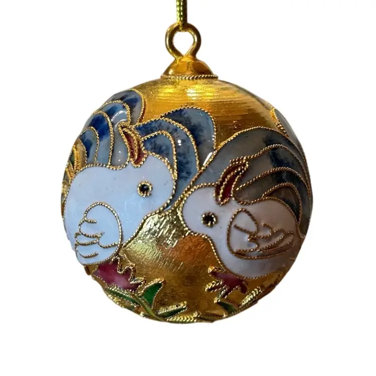 Cloisonne Hanging Ornament with Two White Birds Doves Vintage Christmas