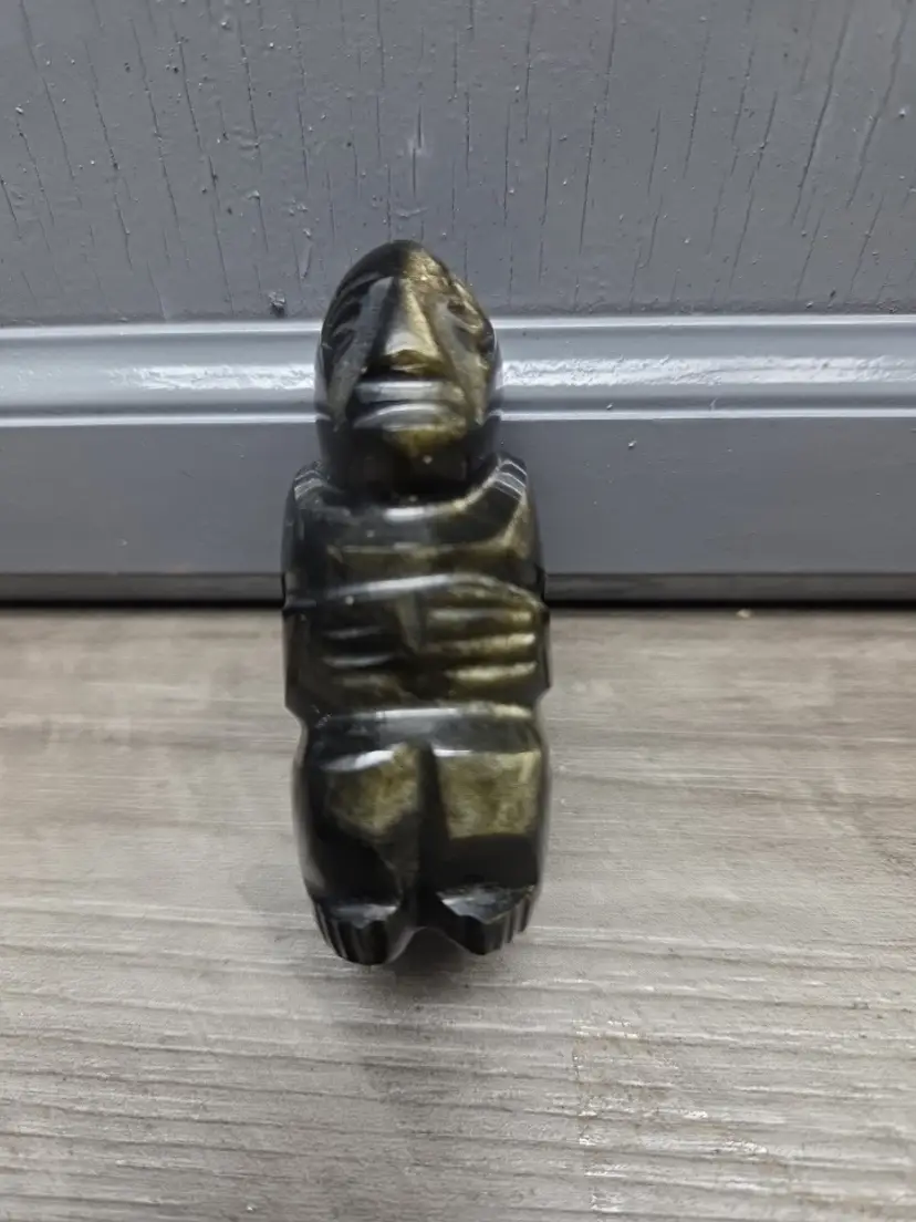 Aztec Mayan Black Gold Sheen Natural Obsidian Stone Carved Figure Sculpture