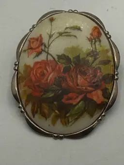 Unmarked White Brooch Red Roses