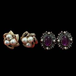 Lot Of Two Sarah Coventry Clip Earrings. Silvertone With Purple Lucite  Oval Cabochon & Faux Pearls Clips , Goldtone Faux Pearl Clips.