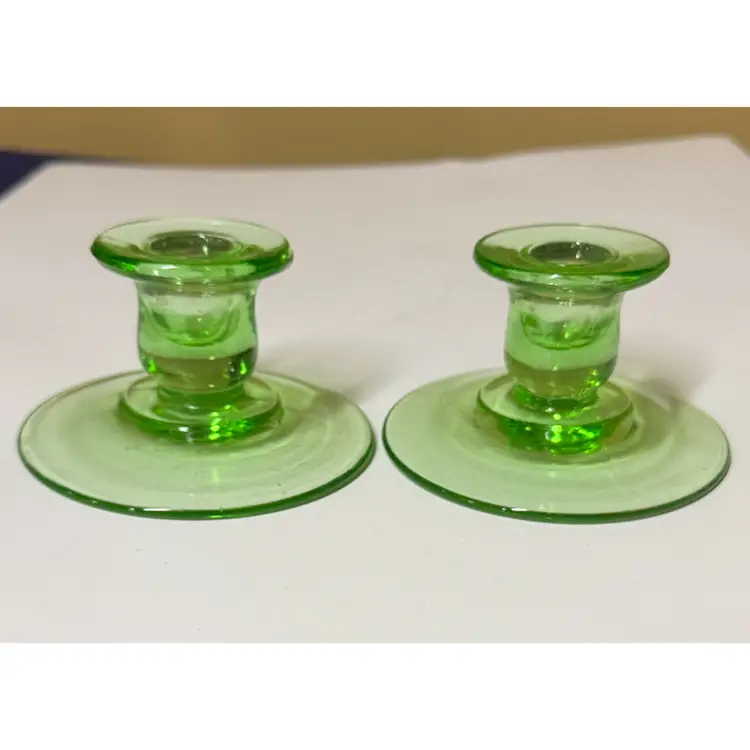 Candle Holders Uranium Glass Candle Stick Set of Two Glows Under UV Light 2.5”