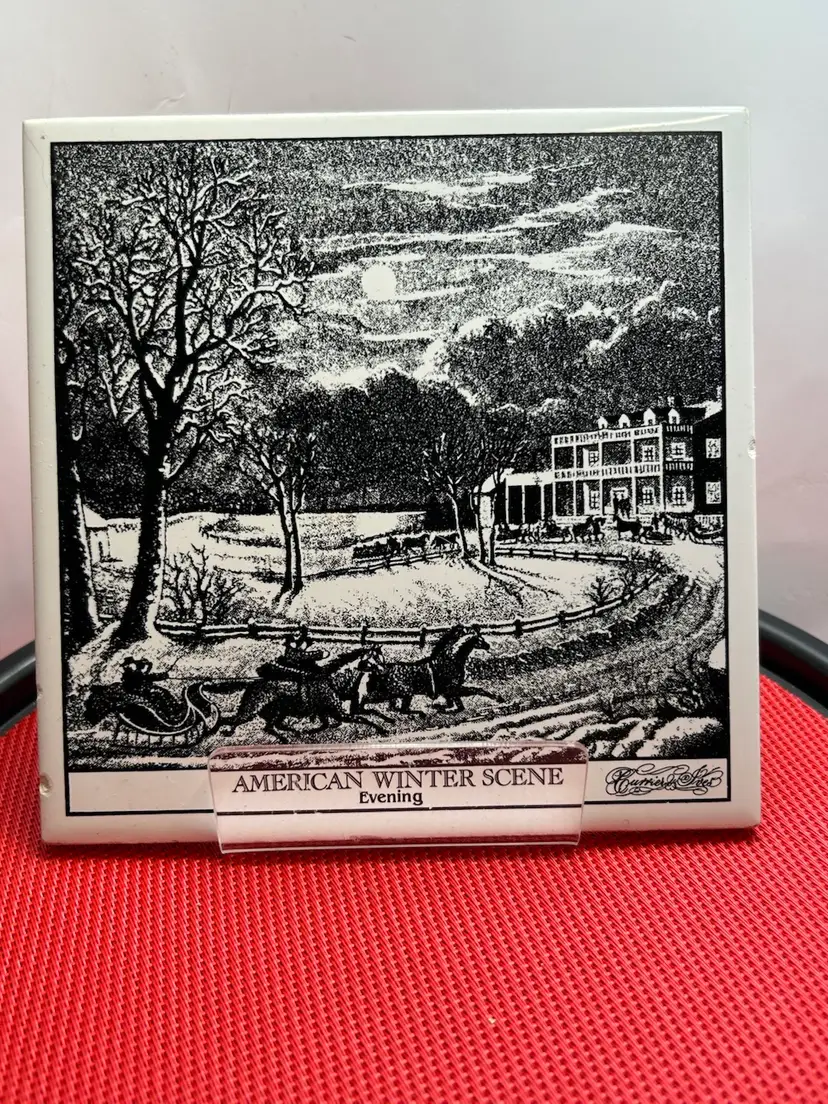 Vintage Currier and Ives American Winter Scene Evening, Black & White, Cork Back
