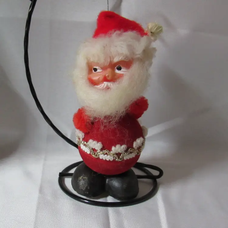 Vtg Repro Christmas Santa Paper Mache Flocked Bobble Head - West Germany