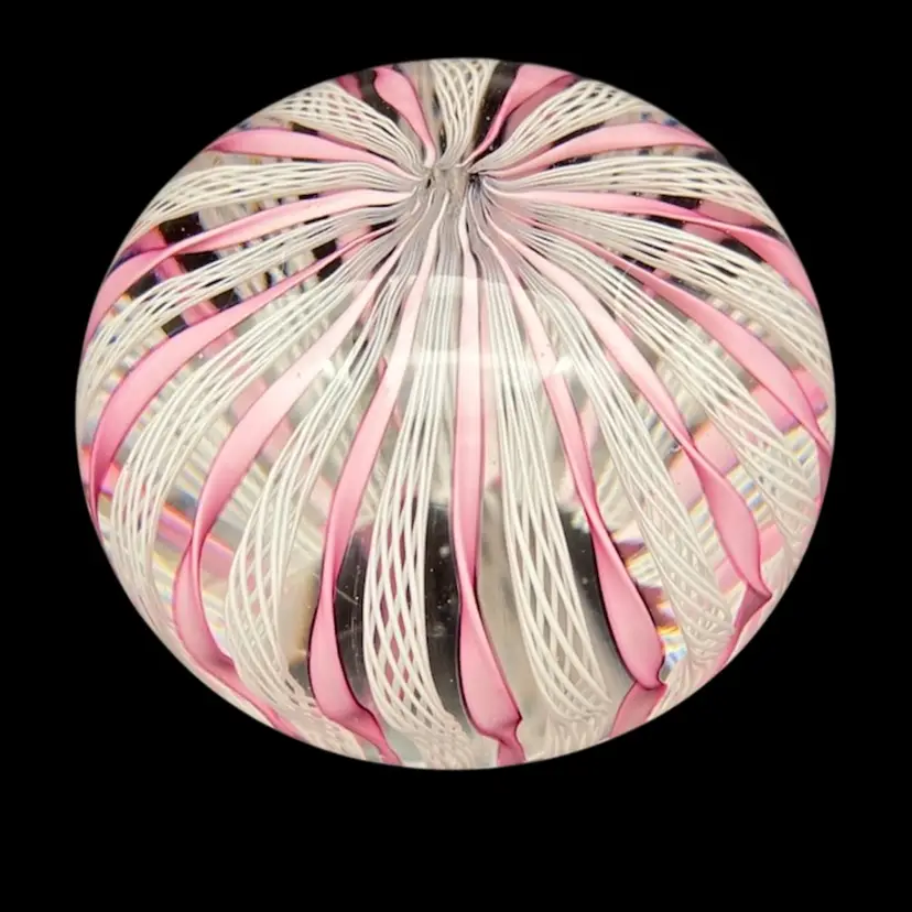 11 - Vintage Murano Twisted Ribbon Zanfirico Pink And White Paperweight - Pristine.