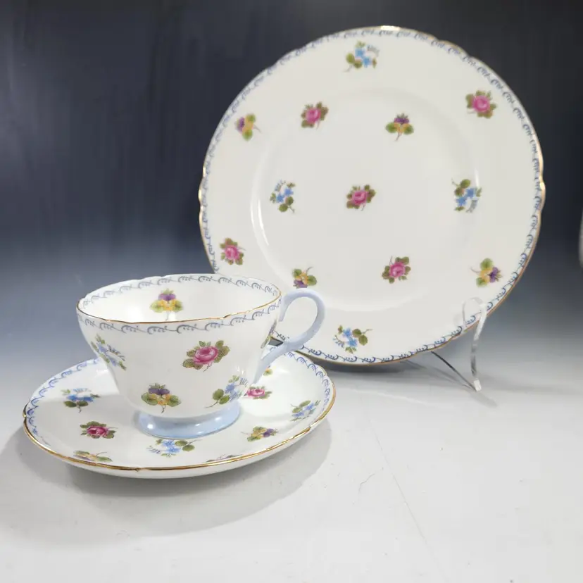 Shelley China Trio - Rose Pansy Forget Me Nots w Blue Scroll Border Lunch Plate, Tea Cup & Saucer Set English Bone China – England