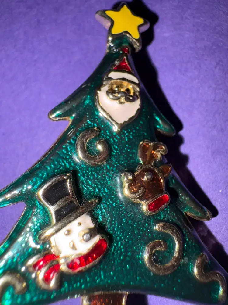 Vintage Christmas Tree Brooch ~ Gold Tone & Green Enamel Tree With Santa, Snowman And Reindeer ~ Glittery