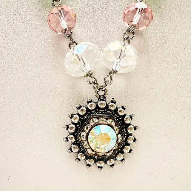 Necklace Earrings Set Pink Green AB Clear Crystal Beads Silver Tone Handmade 26