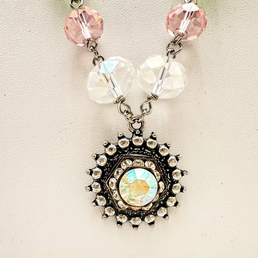 Necklace Earrings Set Pink Green AB Clear Crystal Beads Silver Tone Handmade 26"L B25